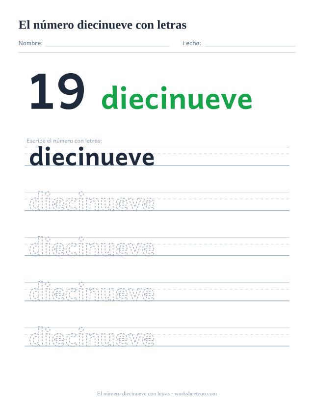 Ficha para trazar la palabra diecinueve, con la cifra 19 al lado y cinco renglones de práctica