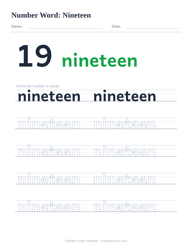 Number word tracing worksheet for nineteen, the digit 19 beside the word with five rows of handwriting practice