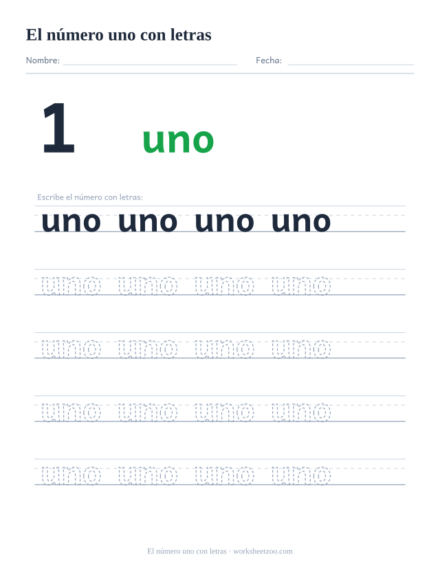 Ficha para trazar la palabra uno, con la cifra 1 al lado y cinco renglones de práctica