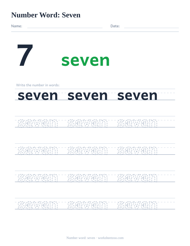 Number word tracing worksheet for seven, the digit 7 beside the word with five rows of handwriting practice