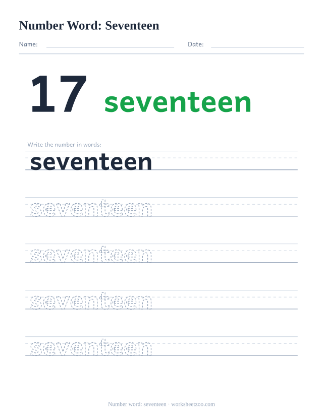 Number word tracing worksheet for seventeen, the digit 17 beside the word with five rows of handwriting practice