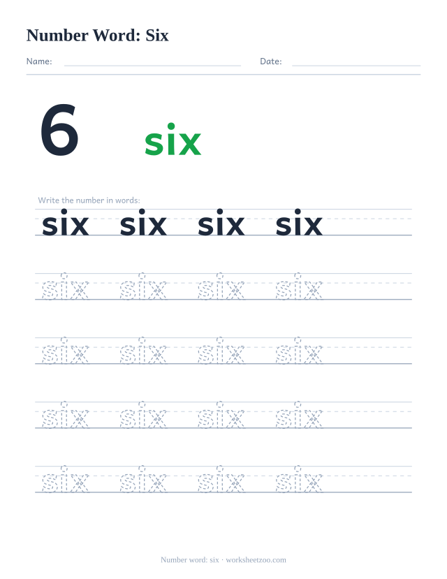 Number word tracing worksheet for six, the digit 6 beside the word with five rows of handwriting practice