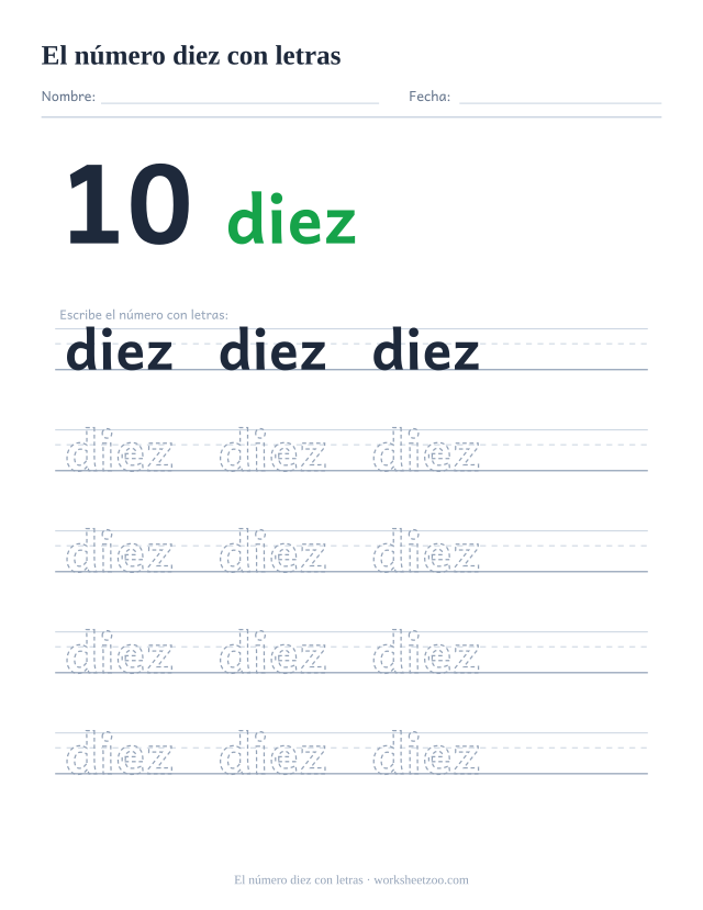 Ficha para trazar la palabra diez, con la cifra 10 al lado y cinco renglones de práctica
