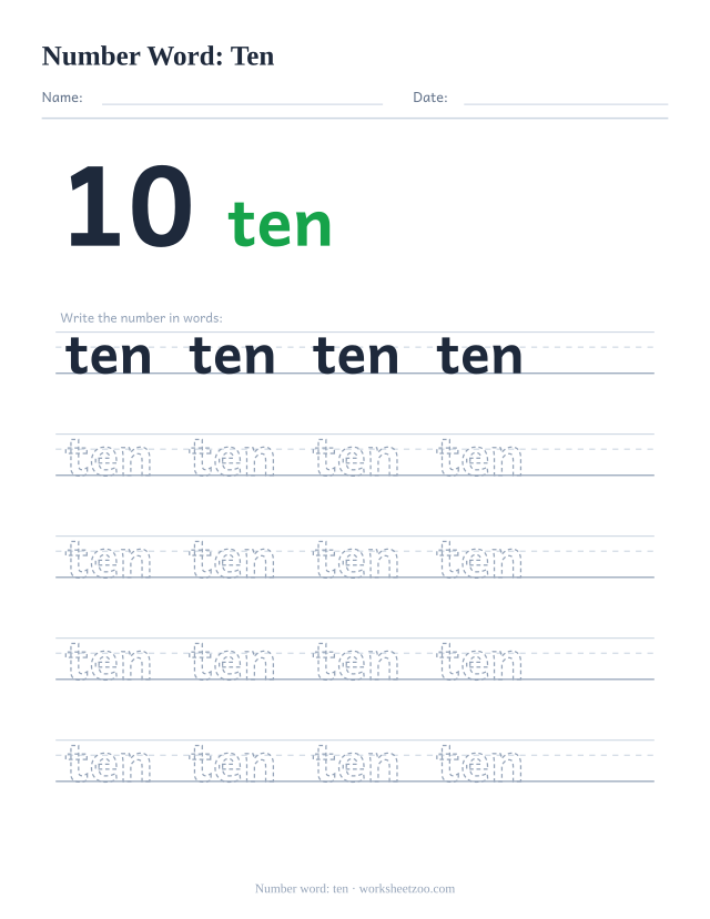 Number word tracing worksheet for ten, the digit 10 beside the word with five rows of handwriting practice