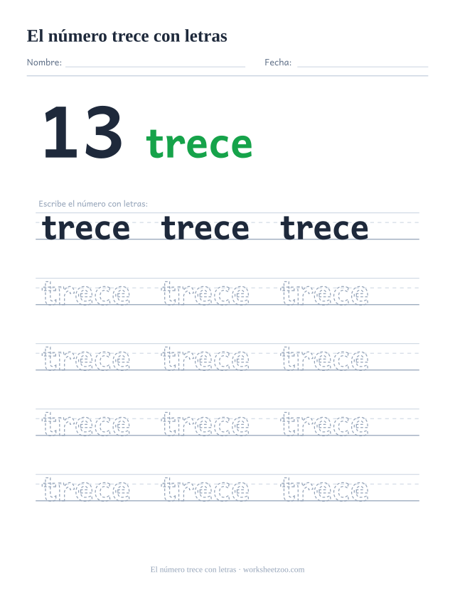 Ficha para trazar la palabra trece, con la cifra 13 al lado y cinco renglones de práctica