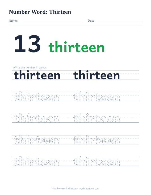 Number word tracing worksheet for thirteen, the digit 13 beside the word with five rows of handwriting practice