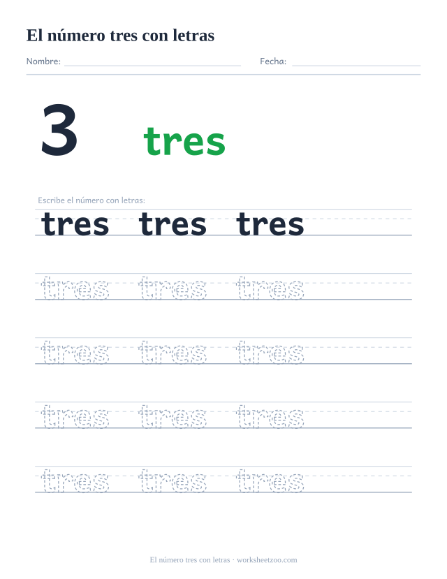 Ficha para trazar la palabra tres, con la cifra 3 al lado y cinco renglones de práctica