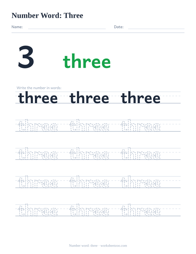 Number word tracing worksheet for three, the digit 3 beside the word with five rows of handwriting practice