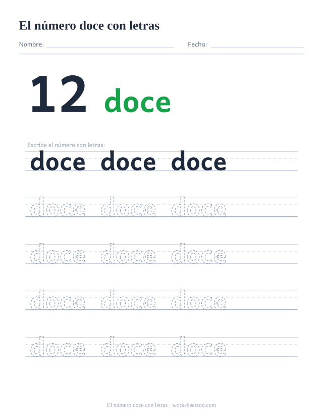 Ficha para trazar la palabra doce, con la cifra 12 al lado y cinco renglones de práctica