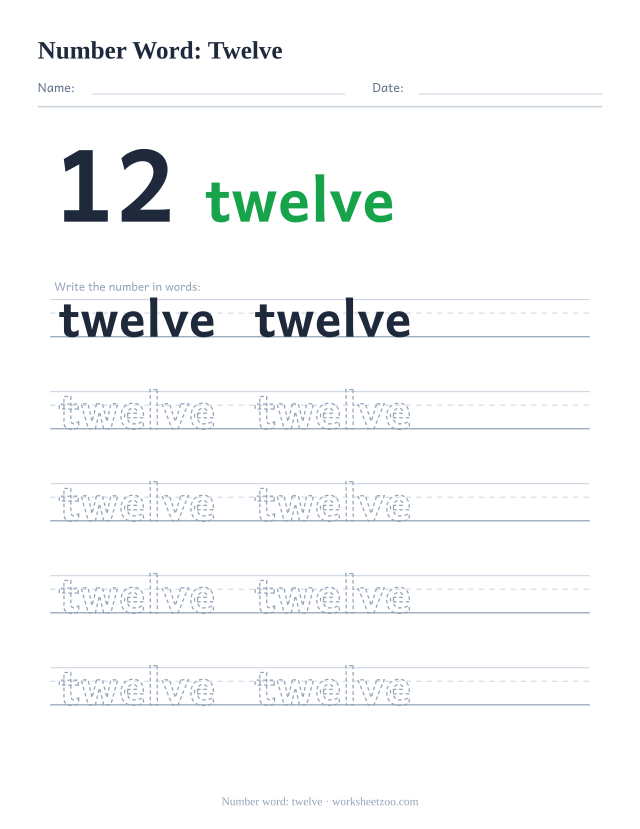 Number word tracing worksheet for twelve, the digit 12 beside the word with five rows of handwriting practice