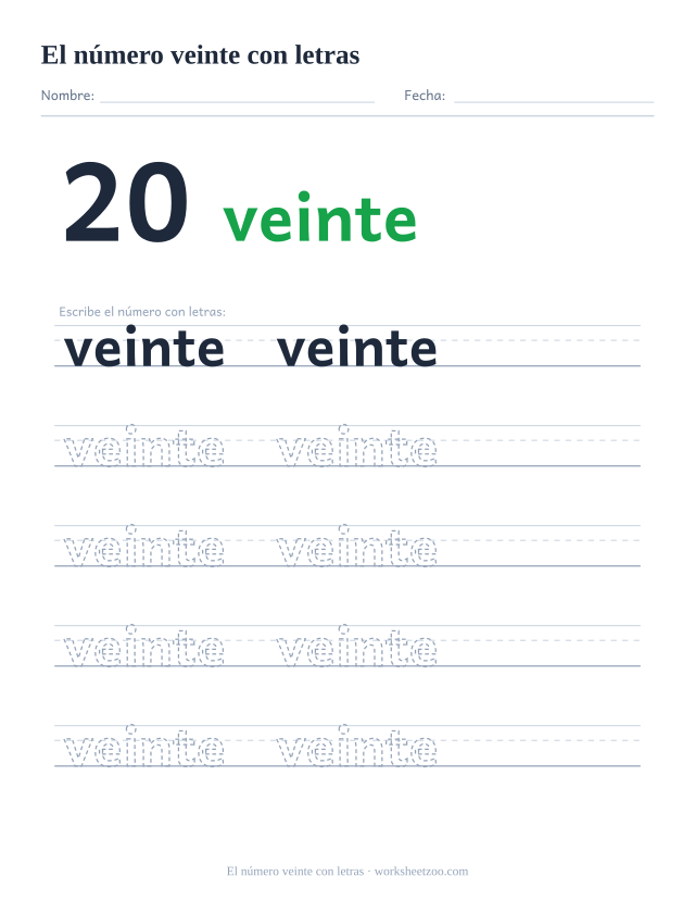 Ficha para trazar la palabra veinte, con la cifra 20 al lado y cinco renglones de práctica
