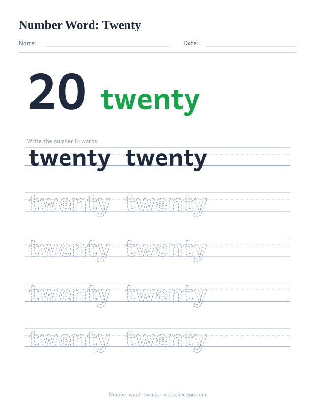 Number word tracing worksheet for twenty, the digit 20 beside the word with five rows of handwriting practice