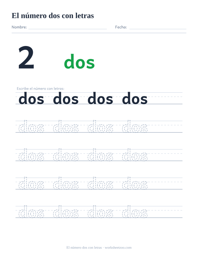 Ficha para trazar la palabra dos, con la cifra 2 al lado y cinco renglones de práctica