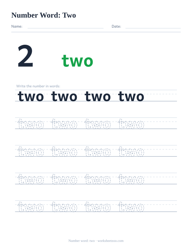 Number word tracing worksheet for two, the digit 2 beside the word with five rows of handwriting practice