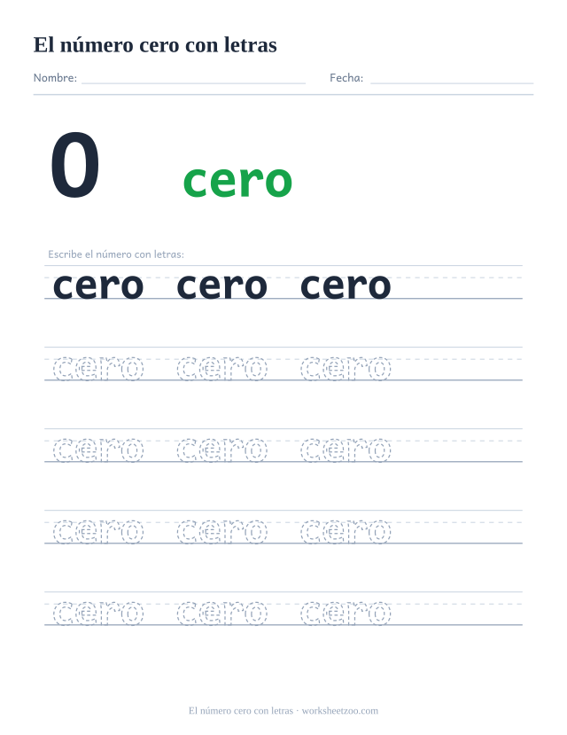 Ficha para trazar la palabra cero, con la cifra 0 al lado y cinco renglones de práctica
