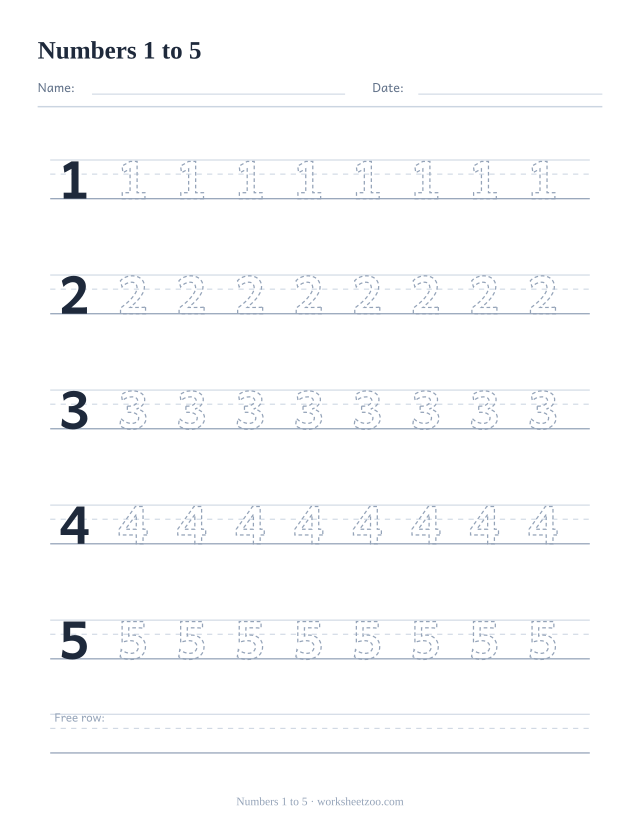 Number tracing worksheet with the numbers 1 to 5, one handwriting row for each