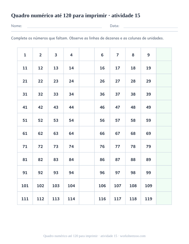 Prévia de Quadro numérico até 120 para imprimir, atividade 15 para imprimir