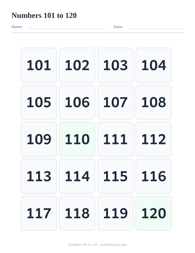 Large print chart of the numbers 101 to 120 in twenty big cells