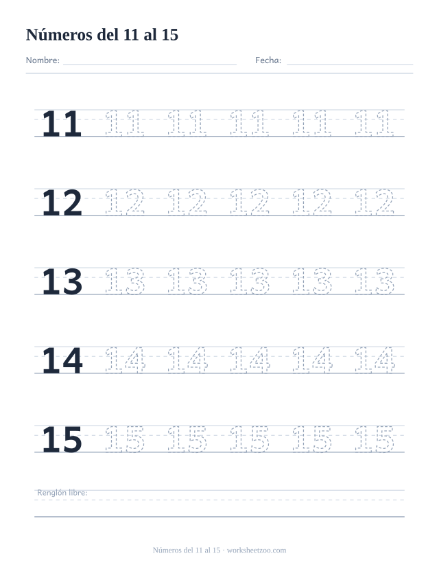Ficha para trazar los números del 11 al 15, con un renglón de pauta para cada uno