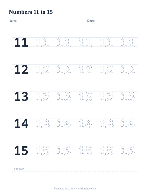 Number tracing worksheet with the numbers 11 to 15, one handwriting row for each