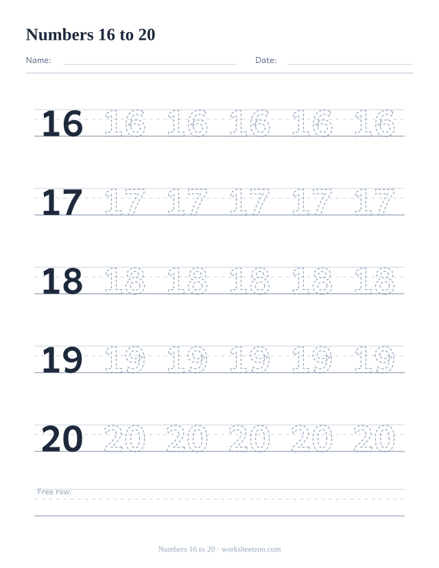Number tracing worksheet with the numbers 16 to 20, one handwriting row for each