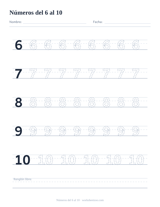 Ficha para trazar los números del 6 al 10, con un renglón de pauta para cada uno