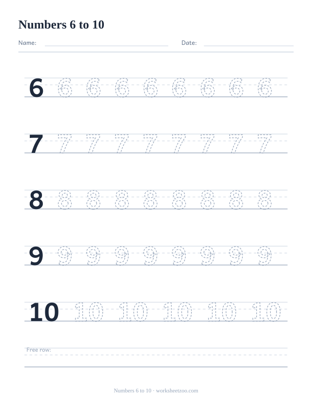 Number tracing worksheet with the numbers 6 to 10, one handwriting row for each