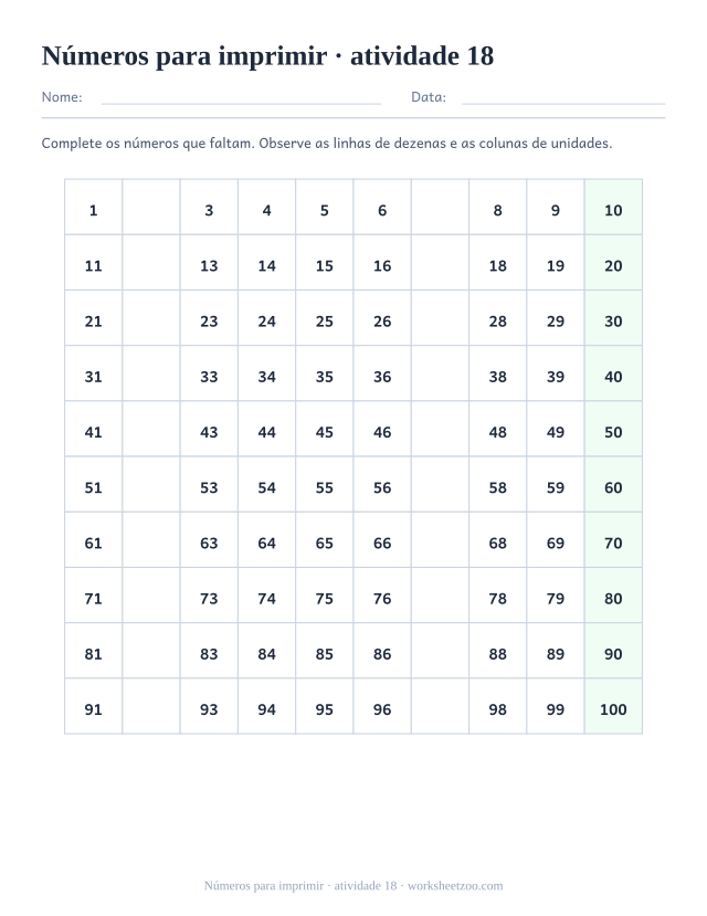 Prévia de Números para imprimir, atividade 18 para imprimir