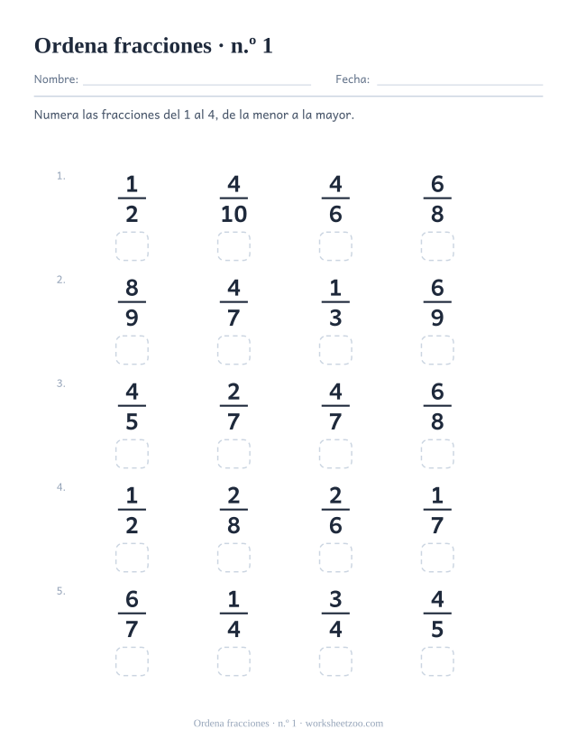 Ficha para ordenar fracciones con numeradores y denominadores distintos en cada fila