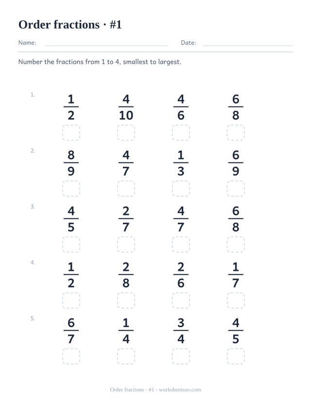 Ordering fractions worksheet with different numerators and denominators in each row
