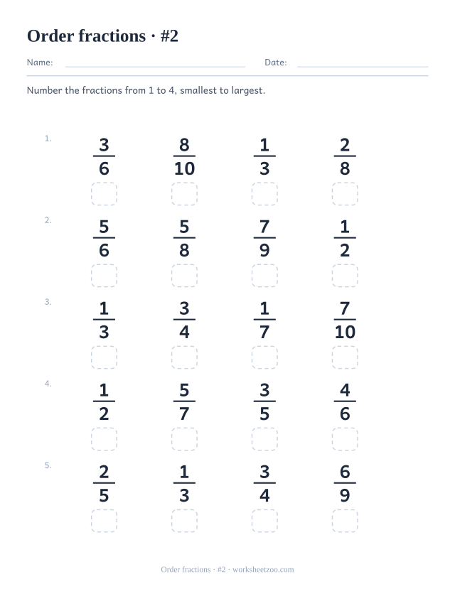 Second ordering fractions worksheet with five rows of four fractions to rank
