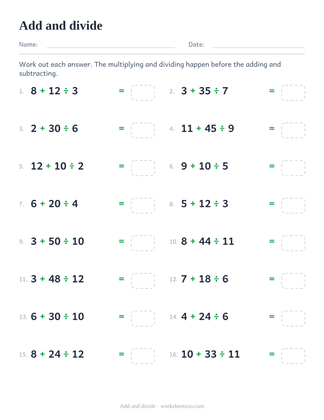 Order of operations worksheet adding after an exact division
