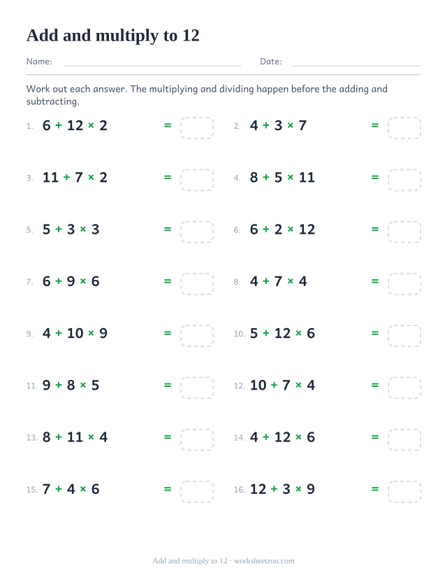 Order of operations worksheet with addition and multiplication up to the twelve times table