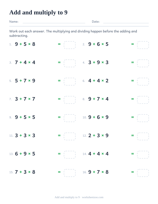 Order of operations worksheet adding and multiplying with single digit numbers