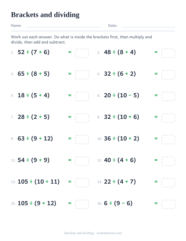 Order of operations worksheet dividing by the value inside a bracket