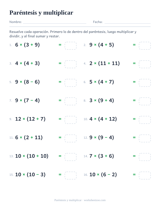 Ficha de jerarquía de operaciones para multiplicar por el valor de un paréntesis
