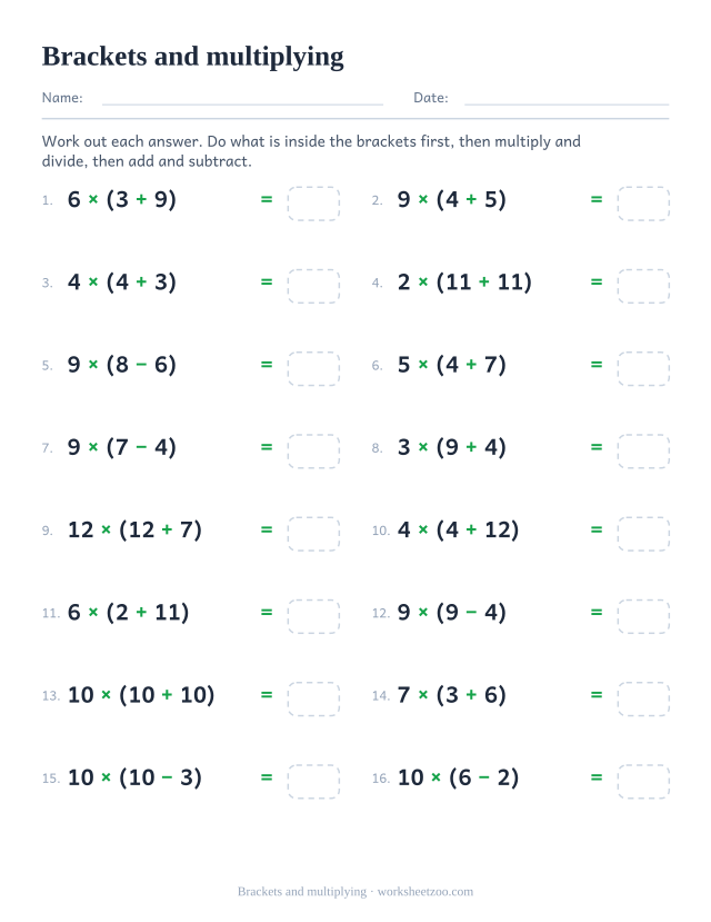 Order of operations worksheet multiplying by the value inside a bracket