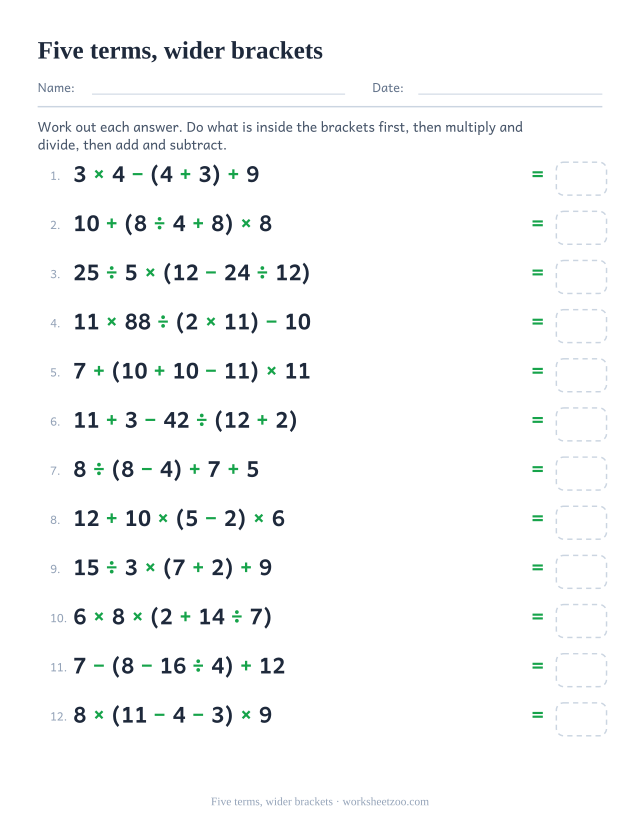 Order of operations worksheet with five numbers and a bracket holding up to three of them