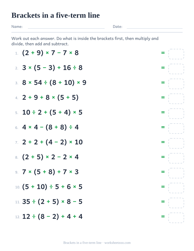 Order of operations worksheet with five numbers and one bracketed pair