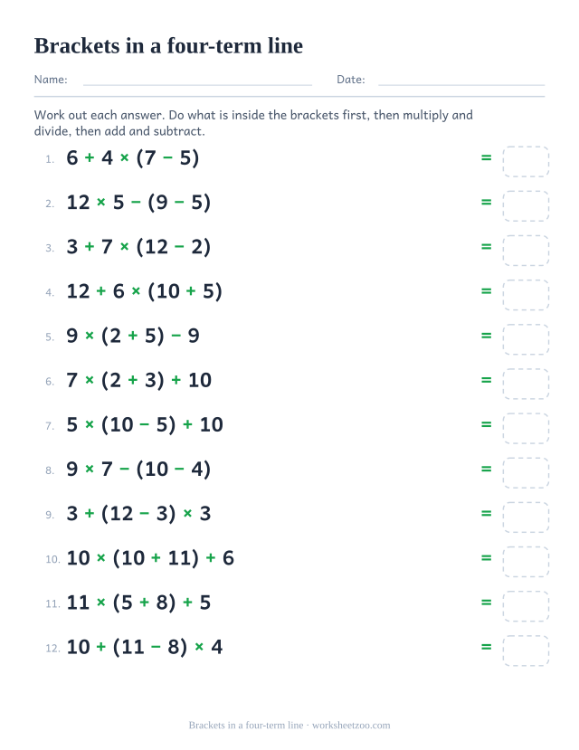 Order of operations worksheet with a bracketed pair inside a longer expression
