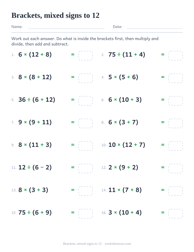 Order of operations worksheet with brackets and all four signs, numbers to twelve