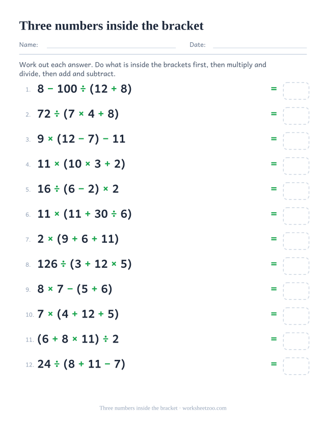 Order of operations worksheet where the bracket holds three numbers and two operations