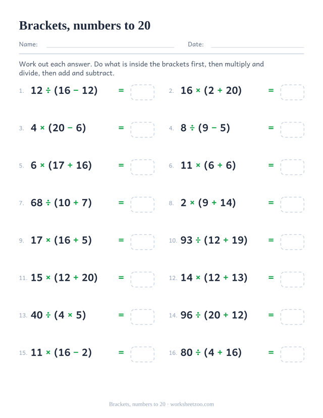Order of operations worksheet with brackets and numbers up to twenty