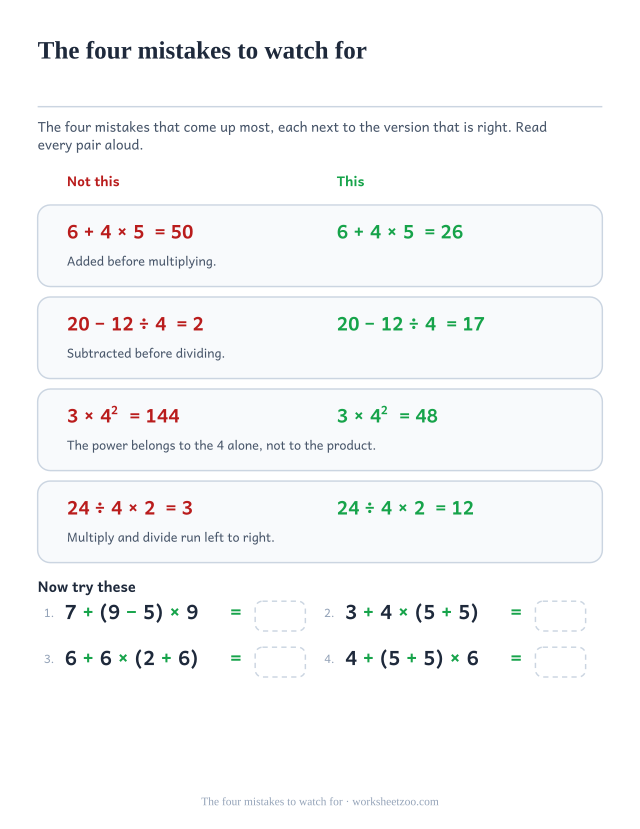 Order of operations chart pairing four wrong answers with the right ones