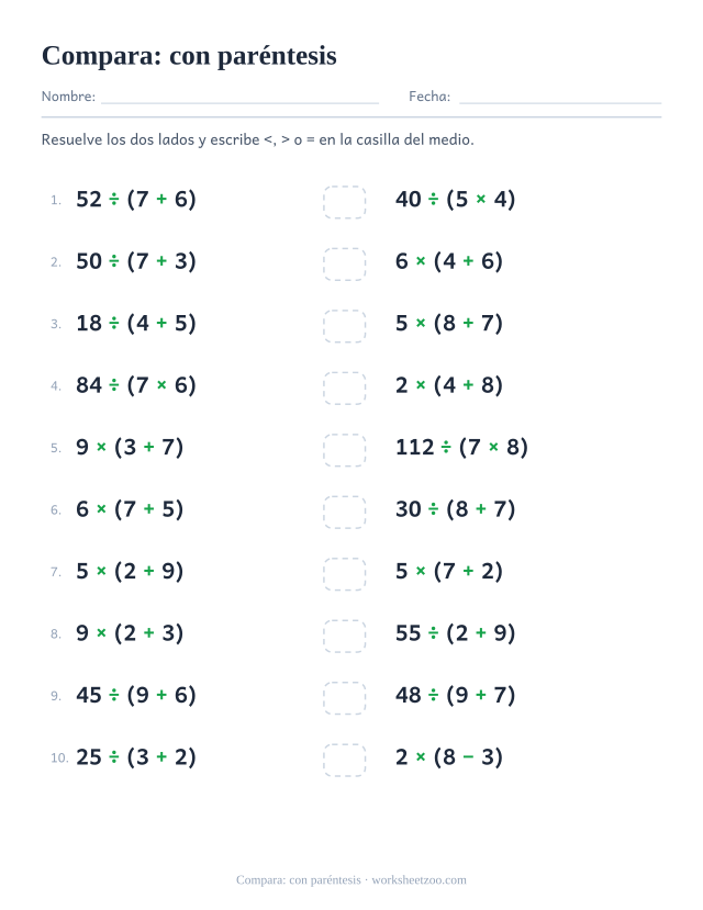 Ficha de jerarquía de operaciones para comparar dos expresiones con paréntesis