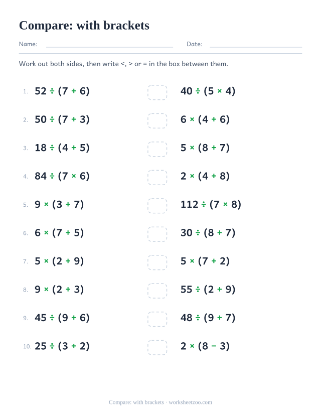 Order of operations worksheet comparing two bracketed expressions