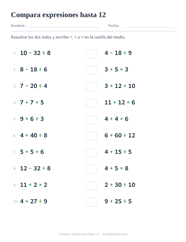 Ficha de jerarquía de operaciones para comparar expresiones con números hasta doce