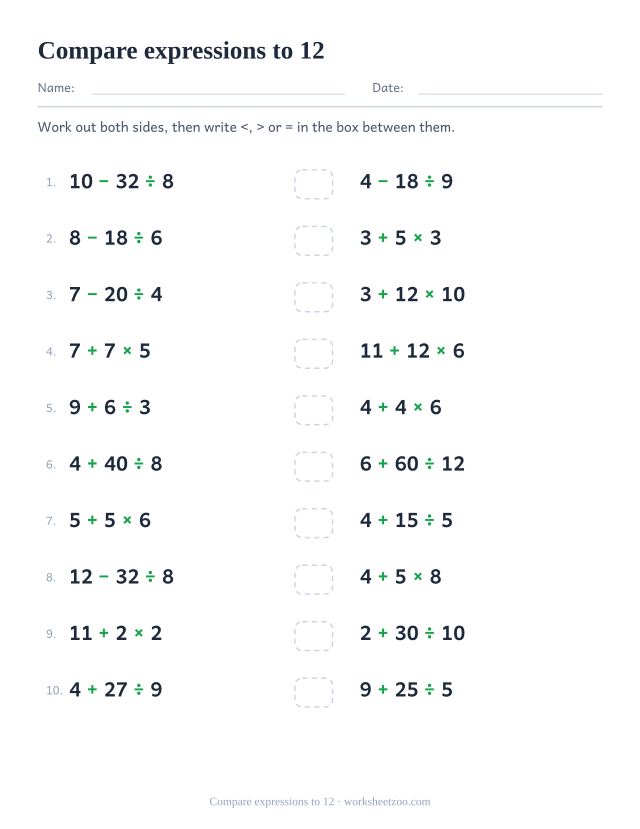 Order of operations worksheet comparing expressions with numbers up to twelve