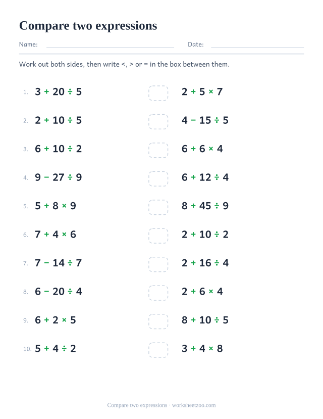 Order of operations worksheet comparing two expressions with less than and greater than