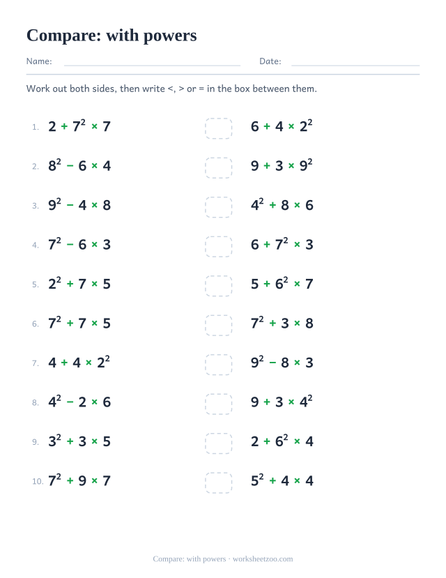 Order of operations worksheet comparing expressions that contain powers